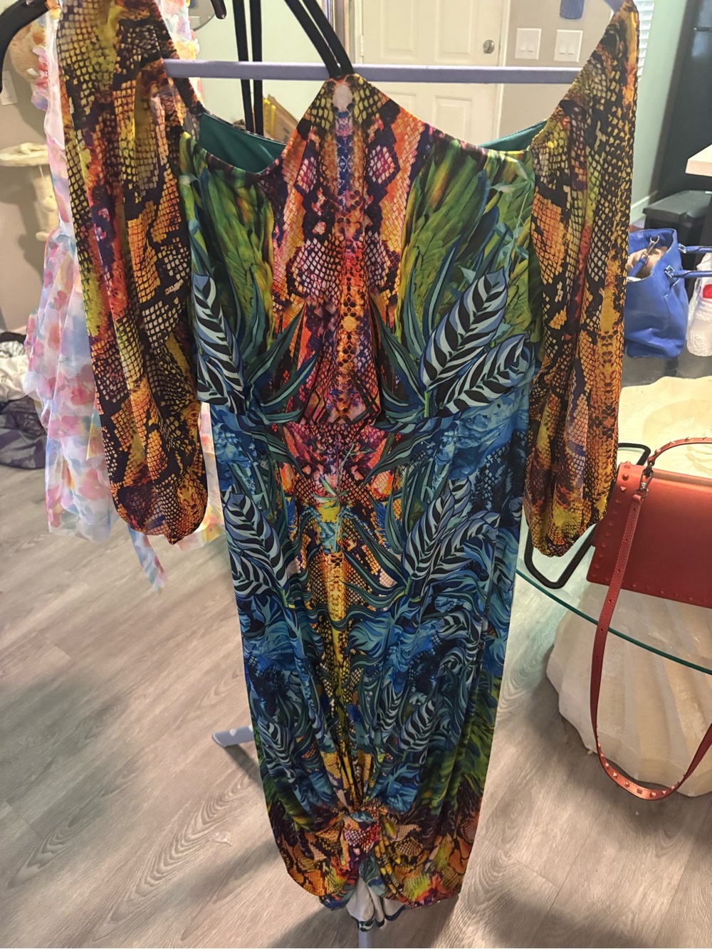 VENUS Multicolor Tropical Print Long Sleeve Dress - Blue, Green, Yellow, Orange